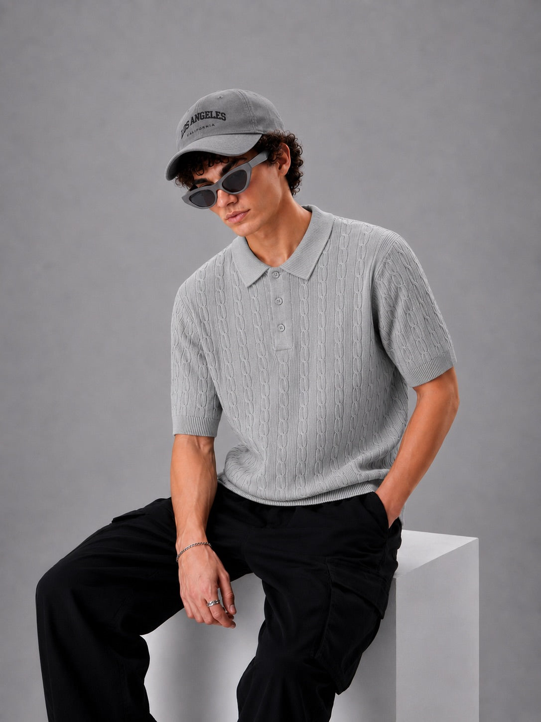 GREY HERITAGE CABLE KNIT POLO