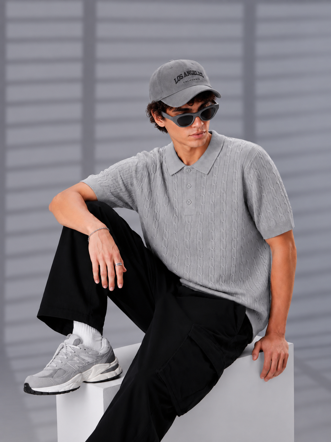 GREY HERITAGE CABLE KNIT POLO