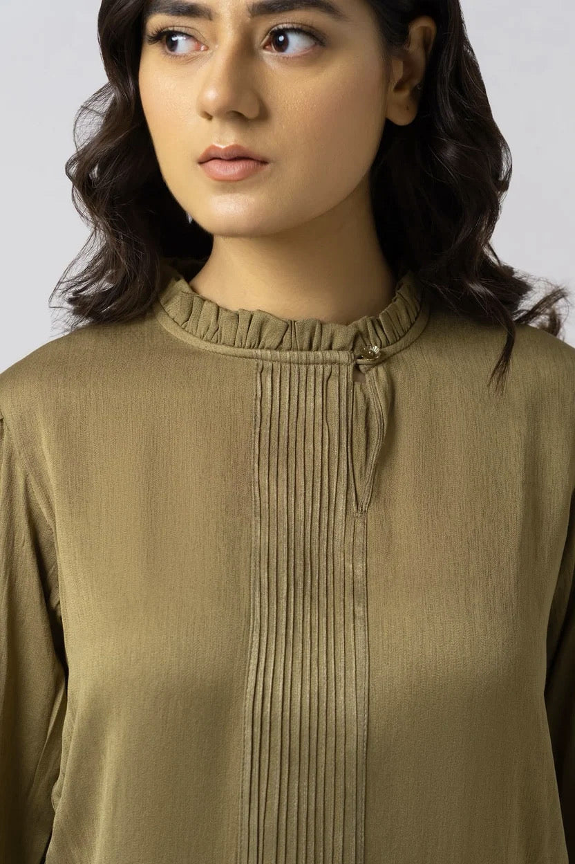 OLIVE PLEATED COTTON SILK SHIRT