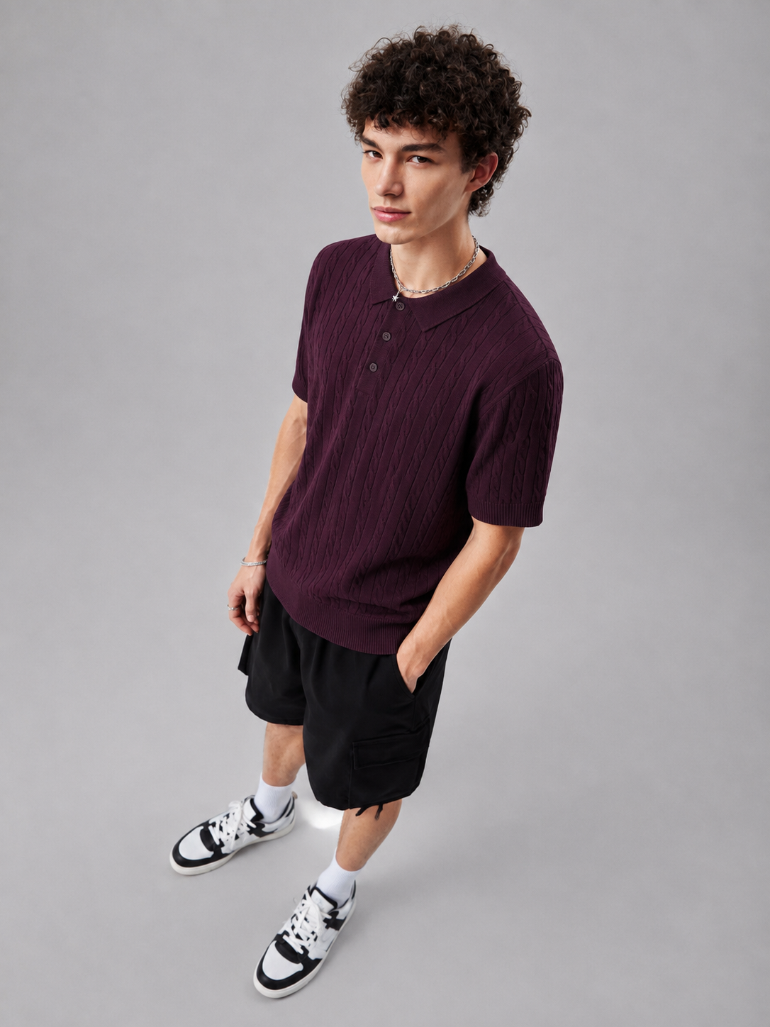 PLUM HERITAGE CABLE KNIT POLO