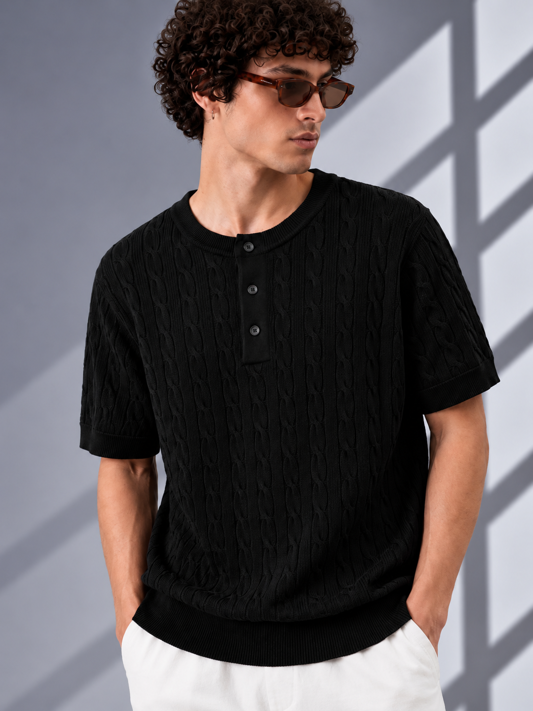 BLACK CABLE KNIT HENLEY