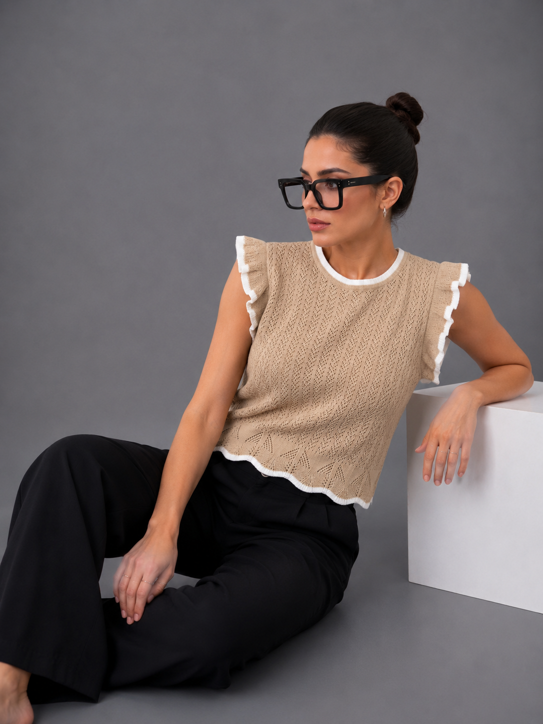 BEIGE POINTELLE SWEATER TOP