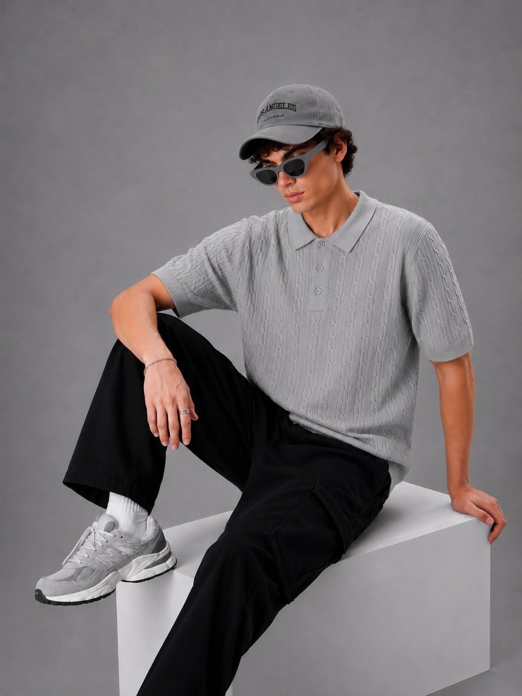 GREY HERITAGE CABLE KNIT POLO