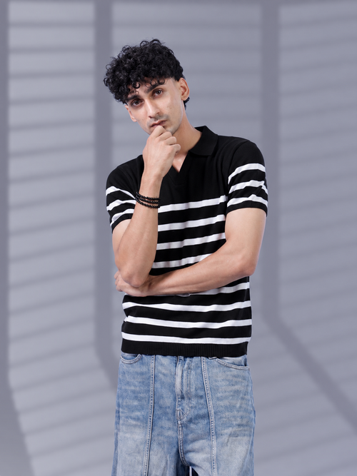 BLACK TIMELESS STRIPER KNIT POLO