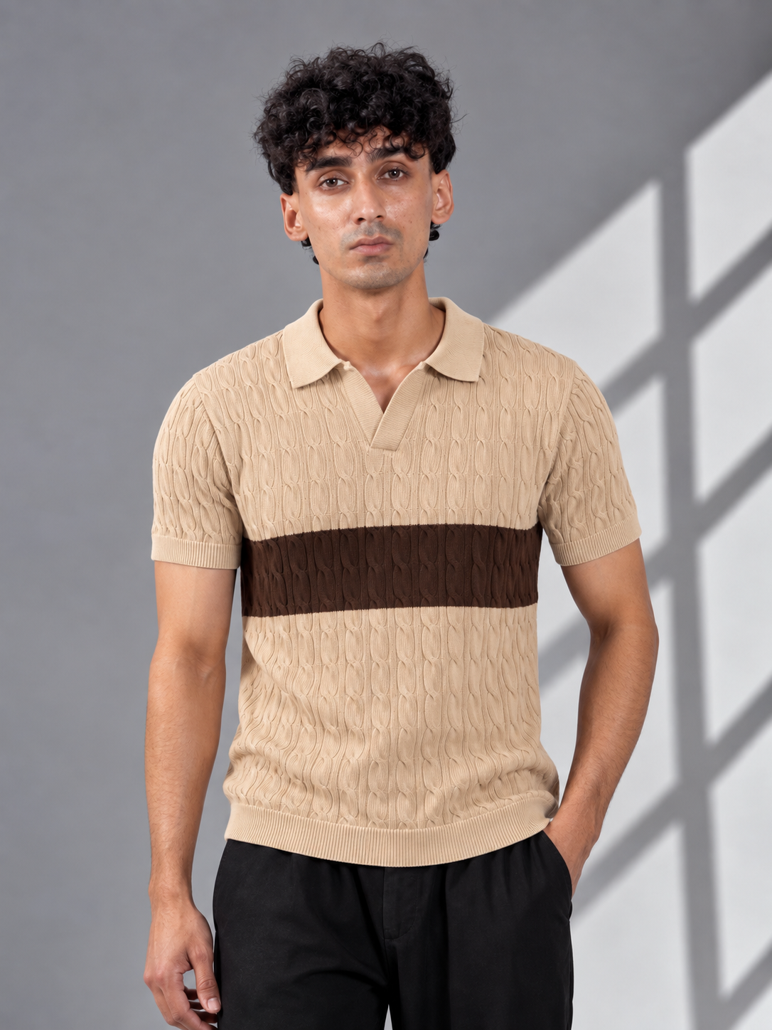 BEIGE BROWN CABLE KNIT POLO