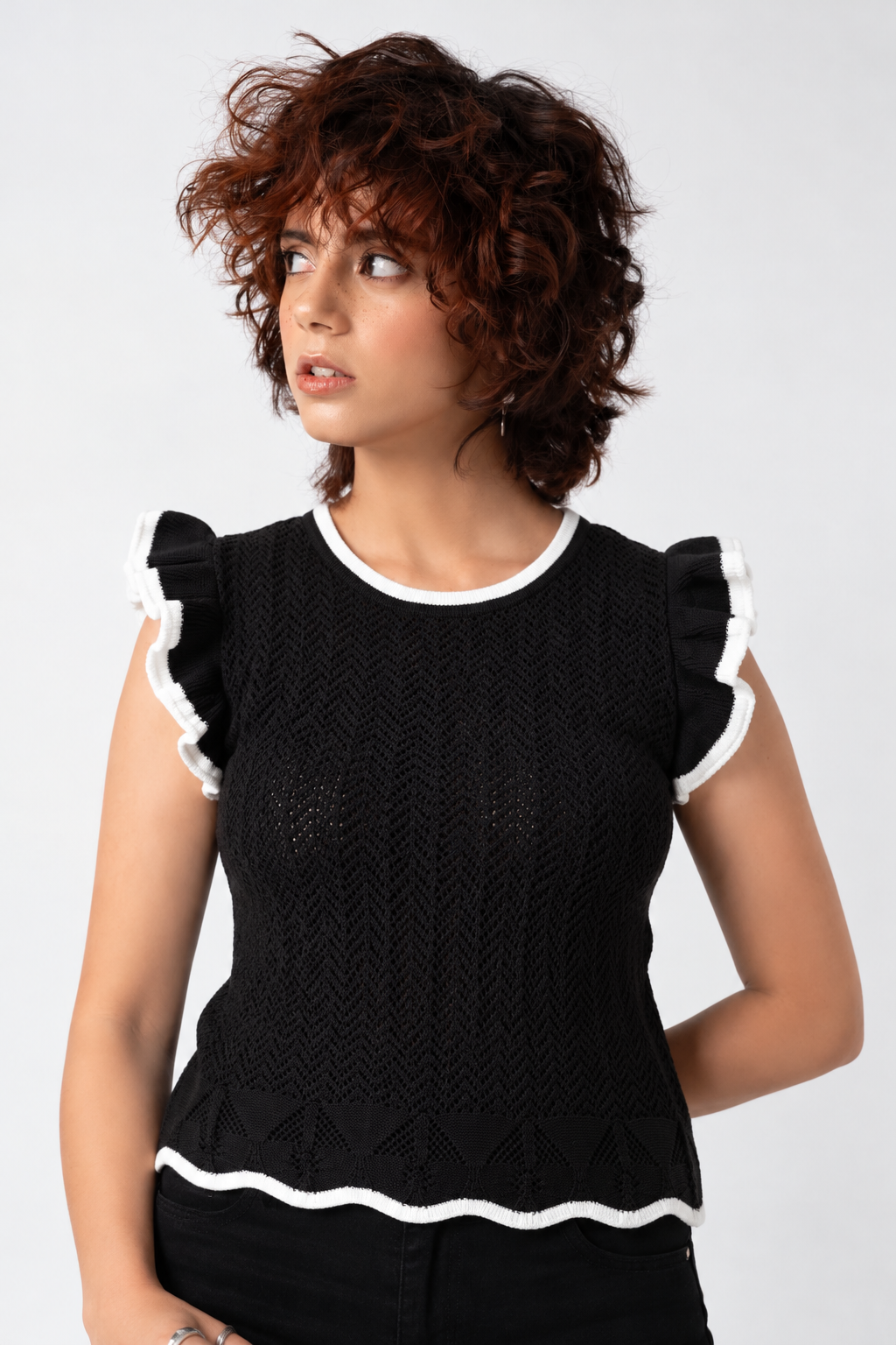 BLACK POINTELLE SWEATER TOP