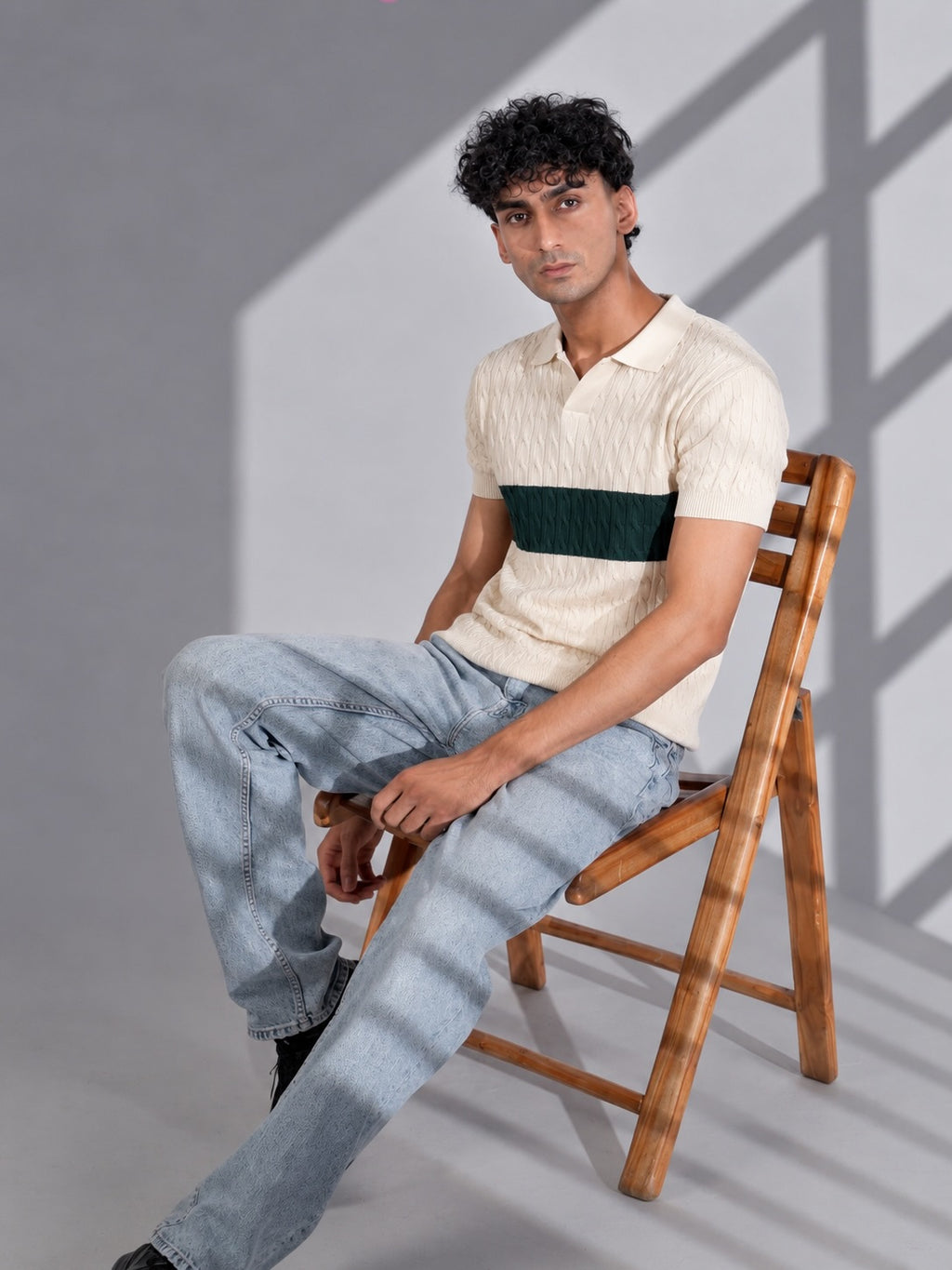 CREAM GREEN CABLE KNIT POLO