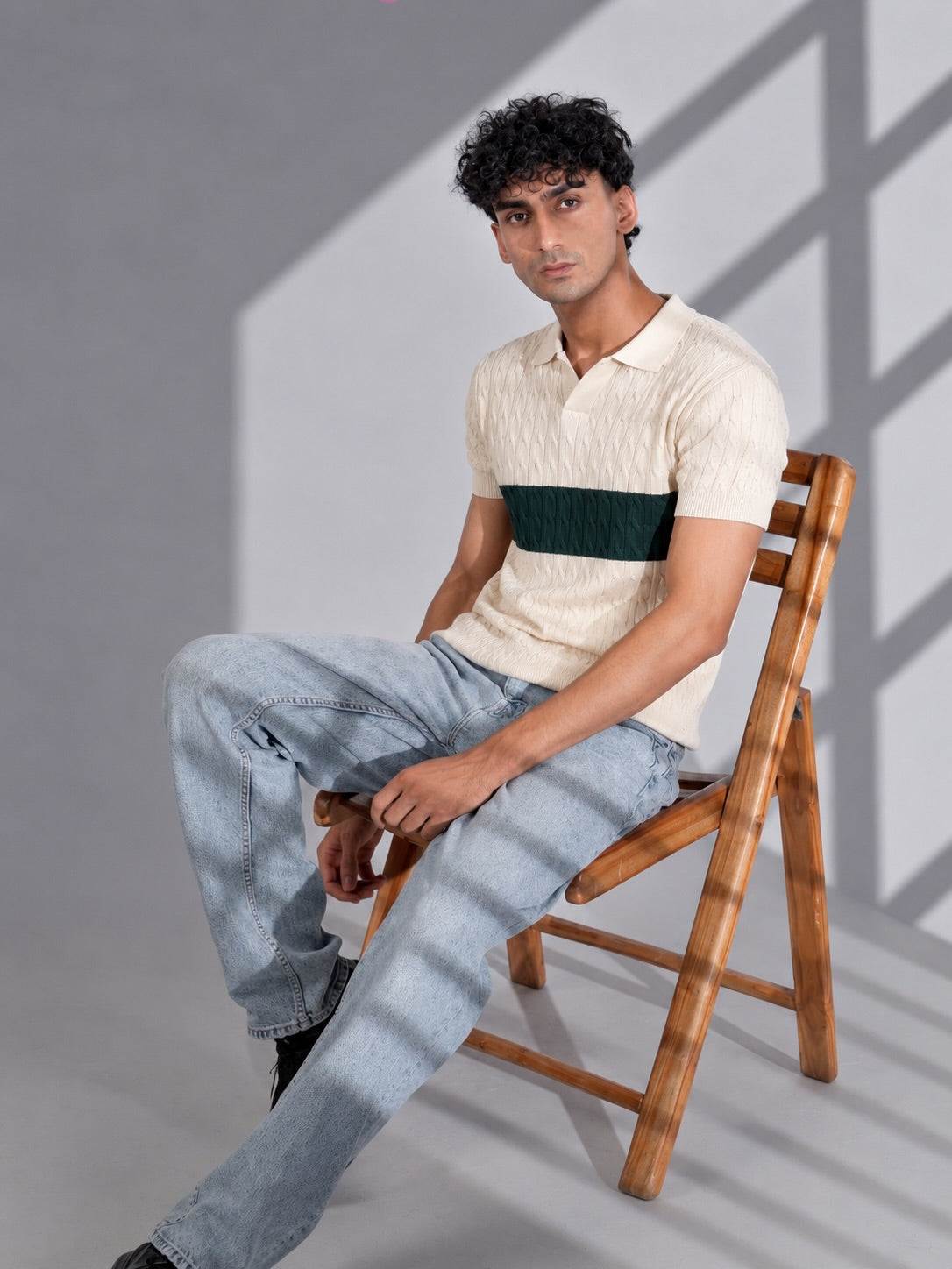 CREAM GREEN CABLE KNIT POLO