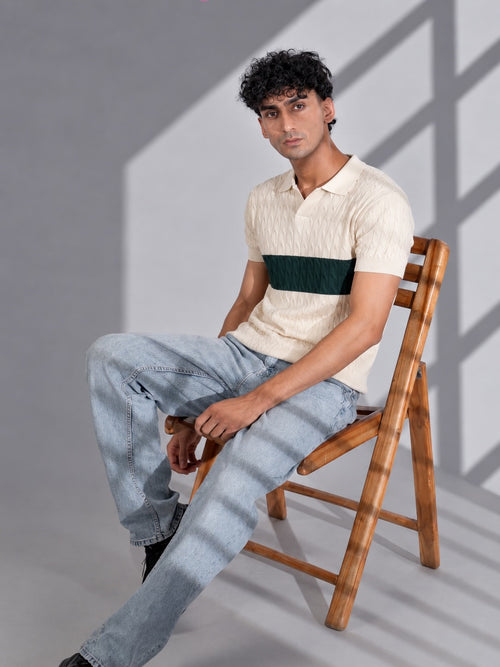 CREAM GREEN CABLE KNIT POLO