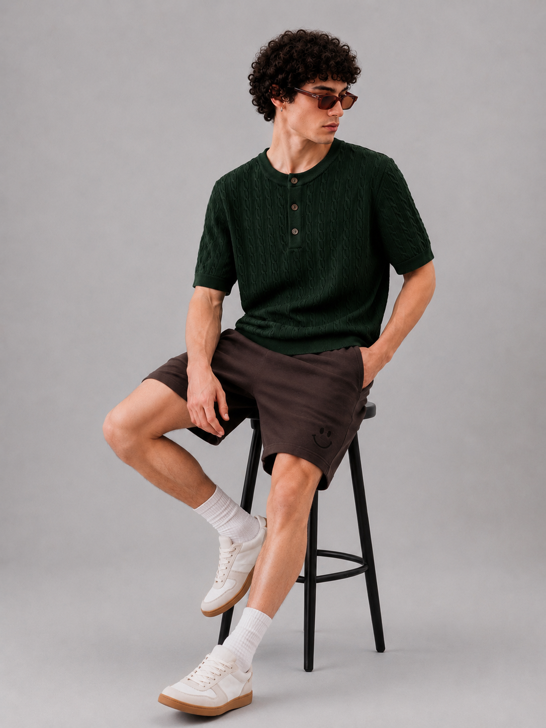 GREEN CABLE KNIT HENLEY