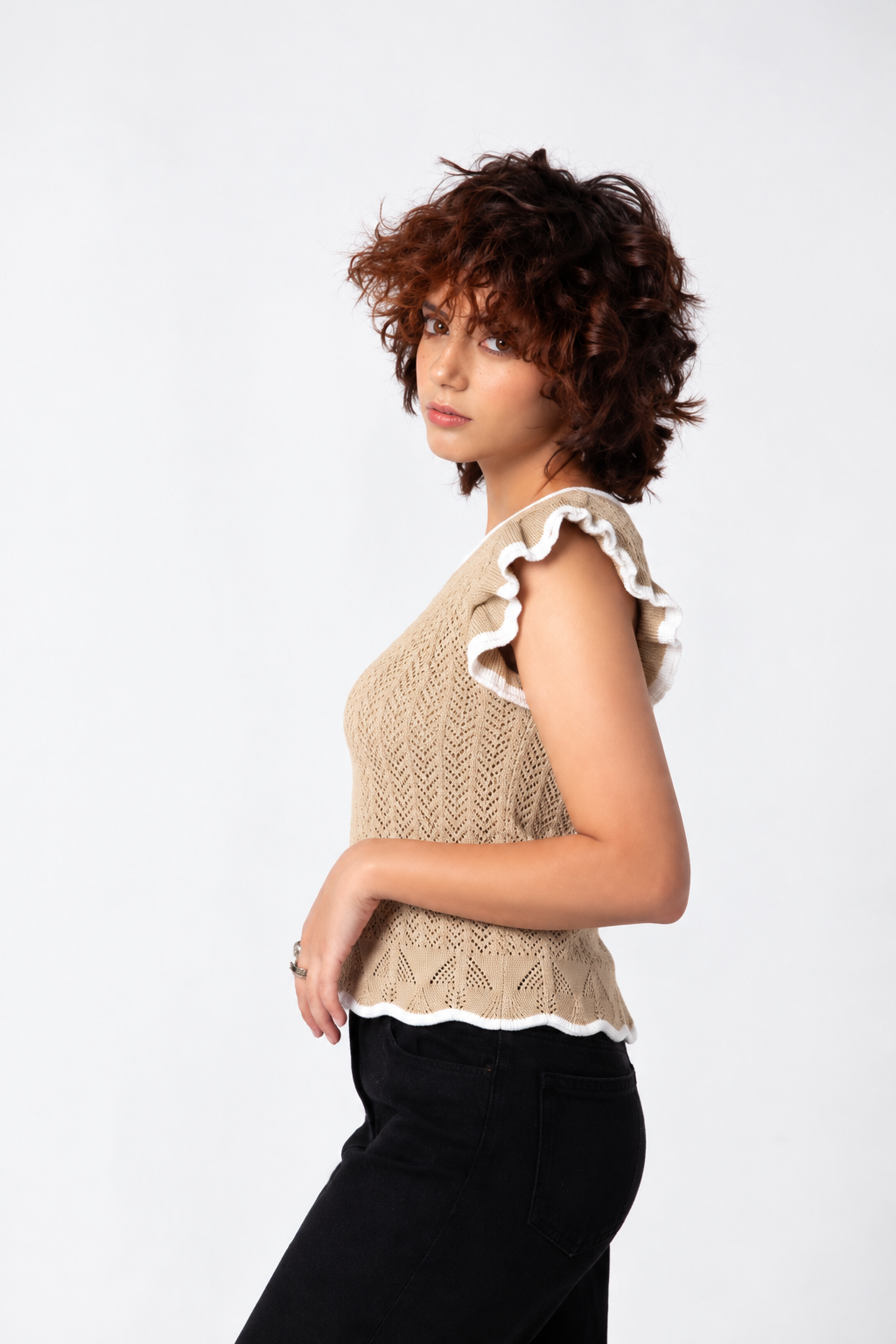 BEIGE POINTELLE SWEATER TOP