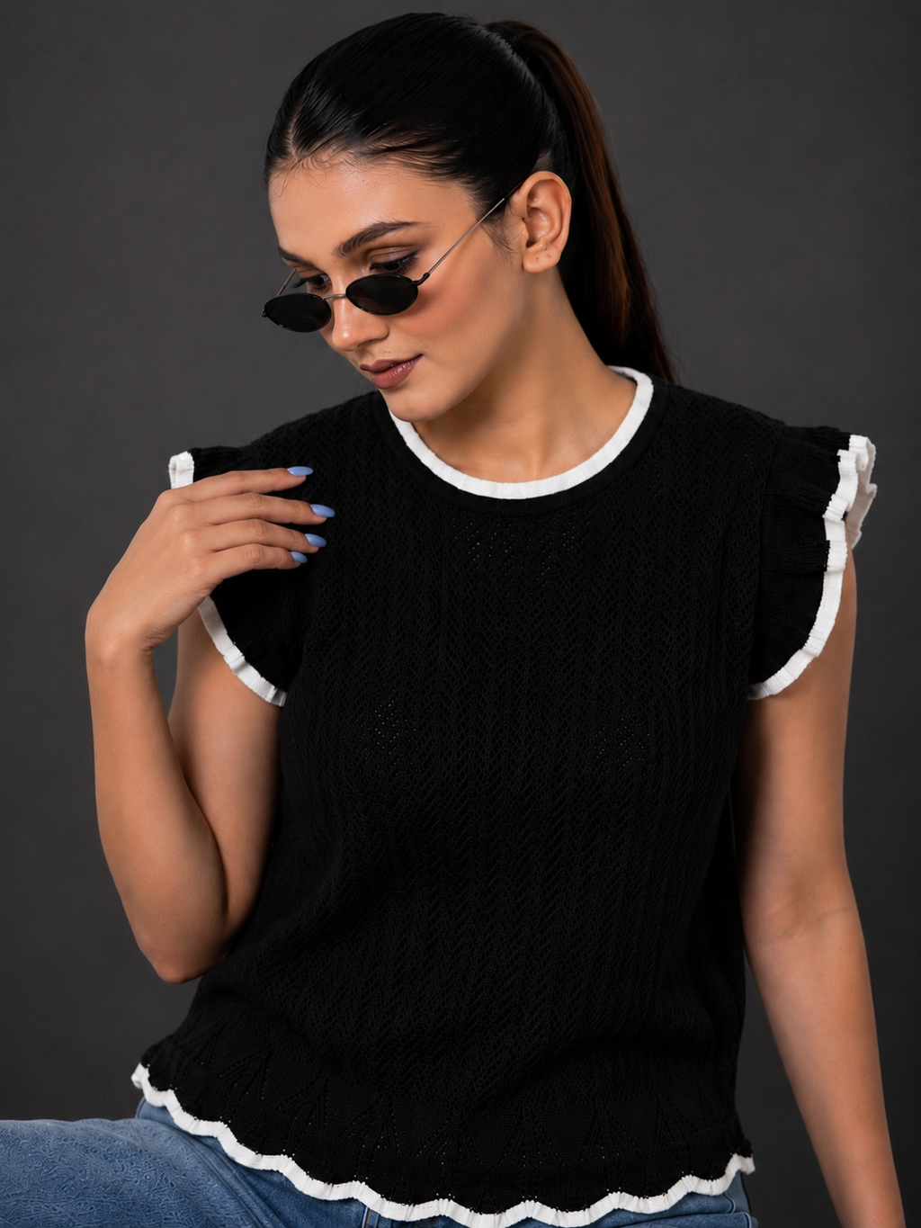 BLACK POINTELLE SWEATER TOP