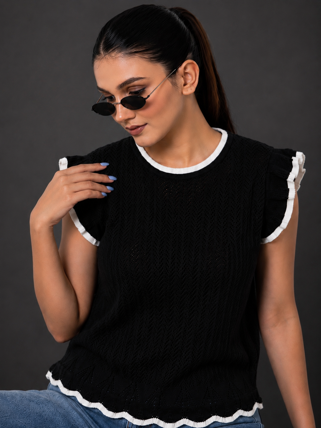 BLACK POINTELLE SWEATER TOP