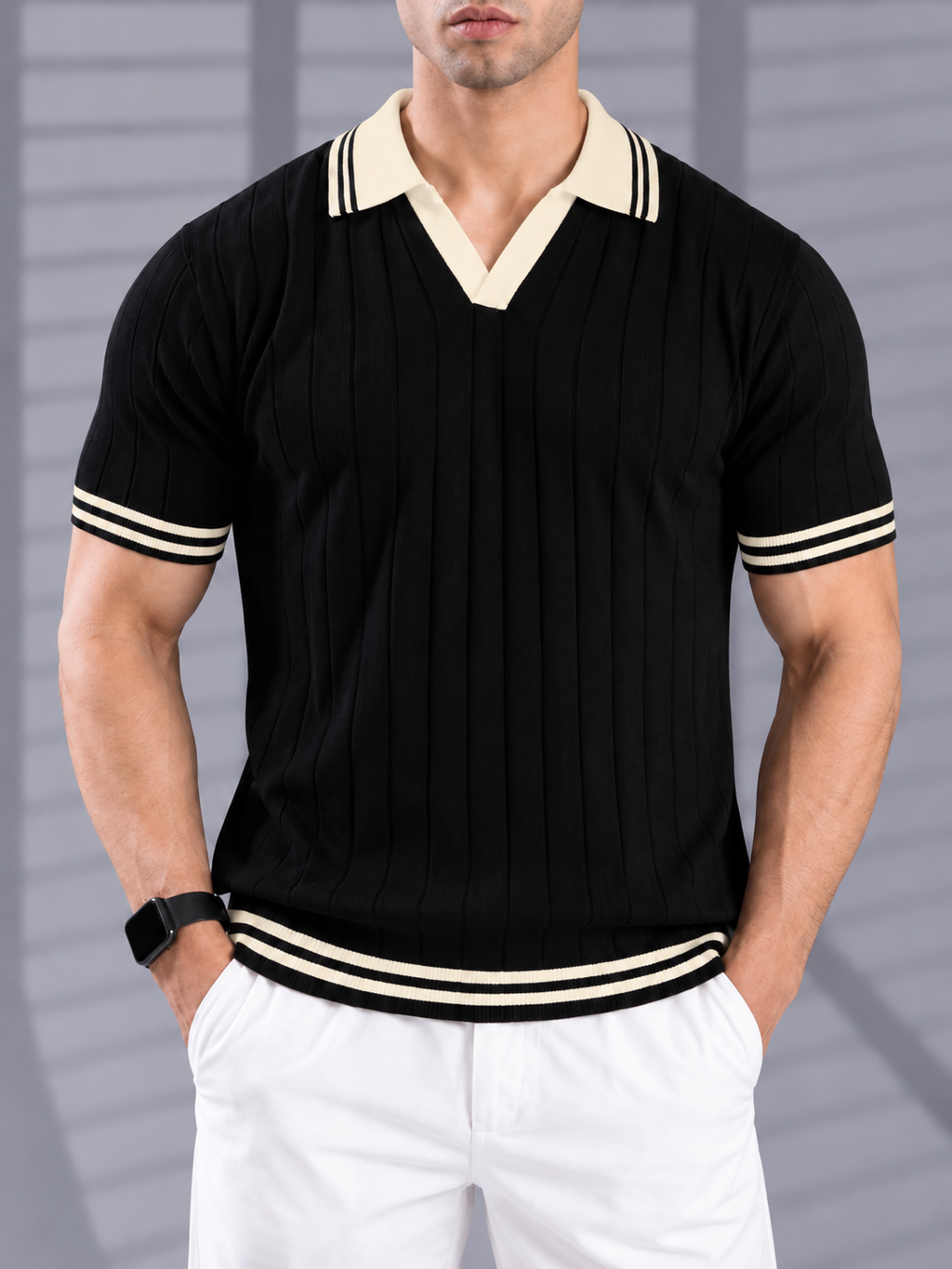 BLACK DROP NEEDLE KNIT POLO