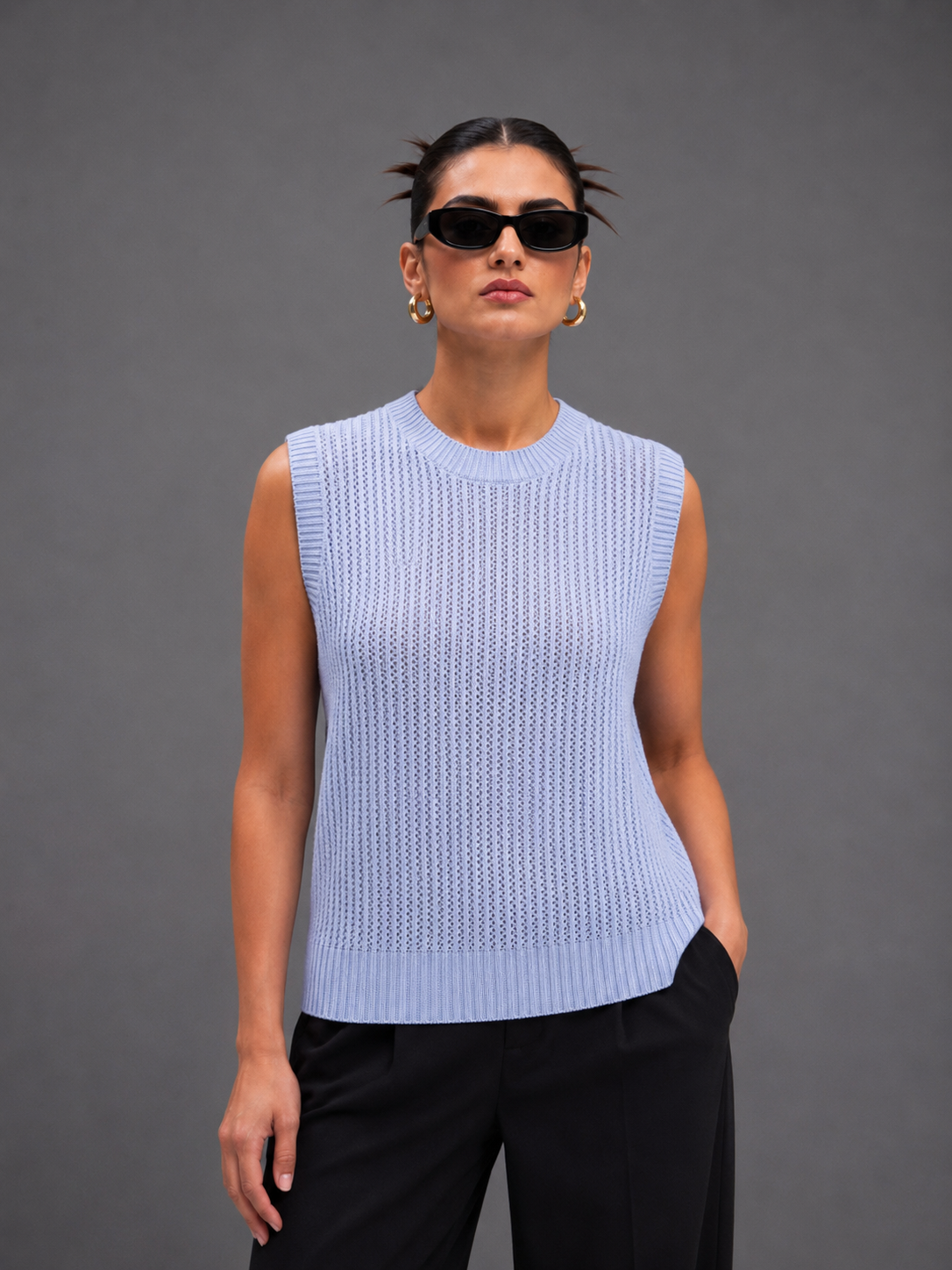ICE BLUE SLEEVELESS KNIT TOP