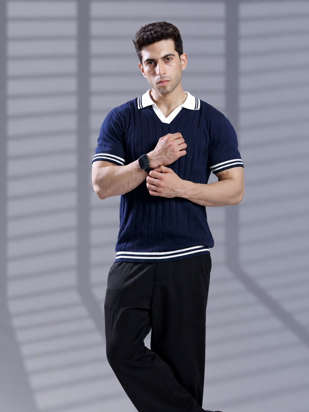 NAVY DROP NEEDLE KNIT POLO