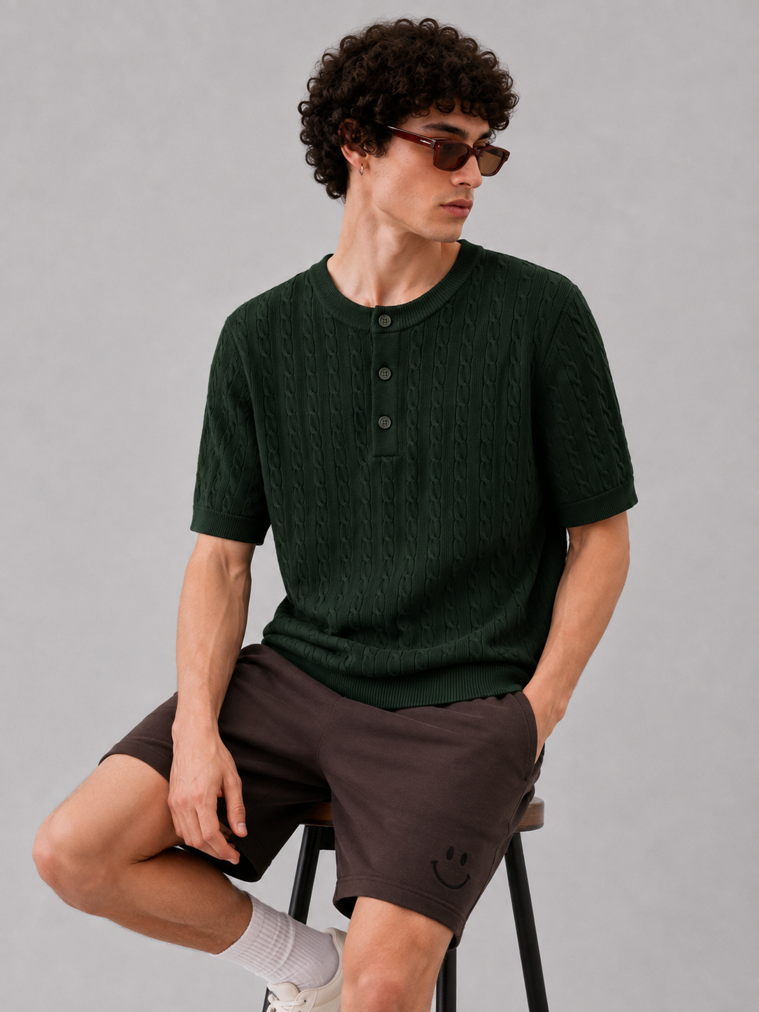 GREEN CABLE KNIT HENLEY