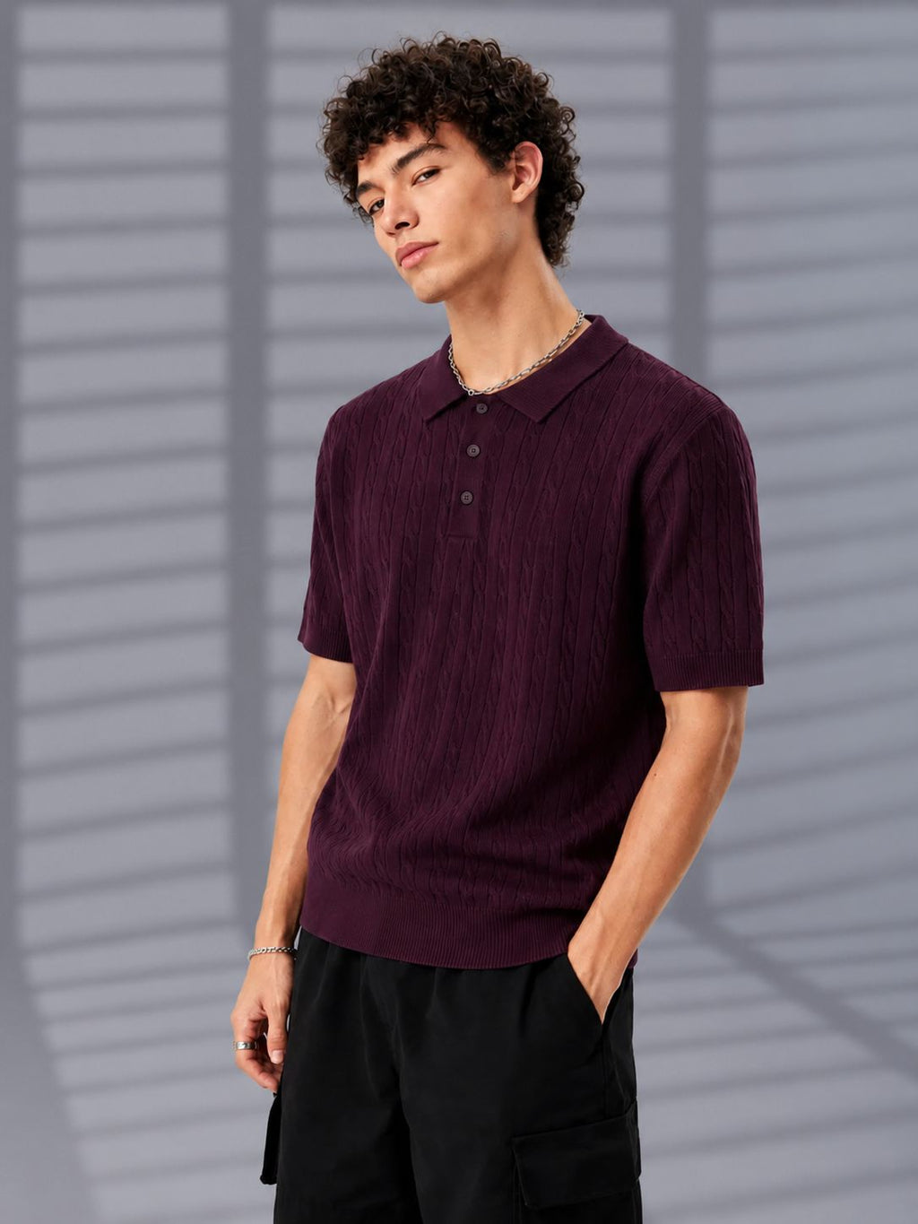 PLUM HERITAGE CABLE KNIT POLO