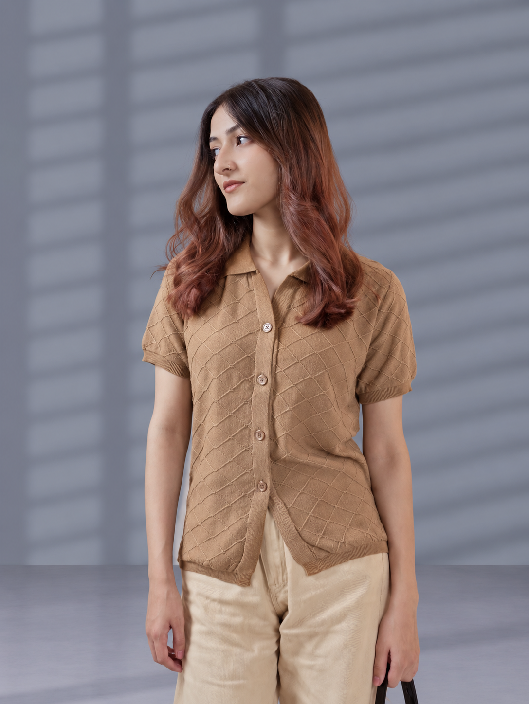 CAMEL DIAMOND KNIT POLO