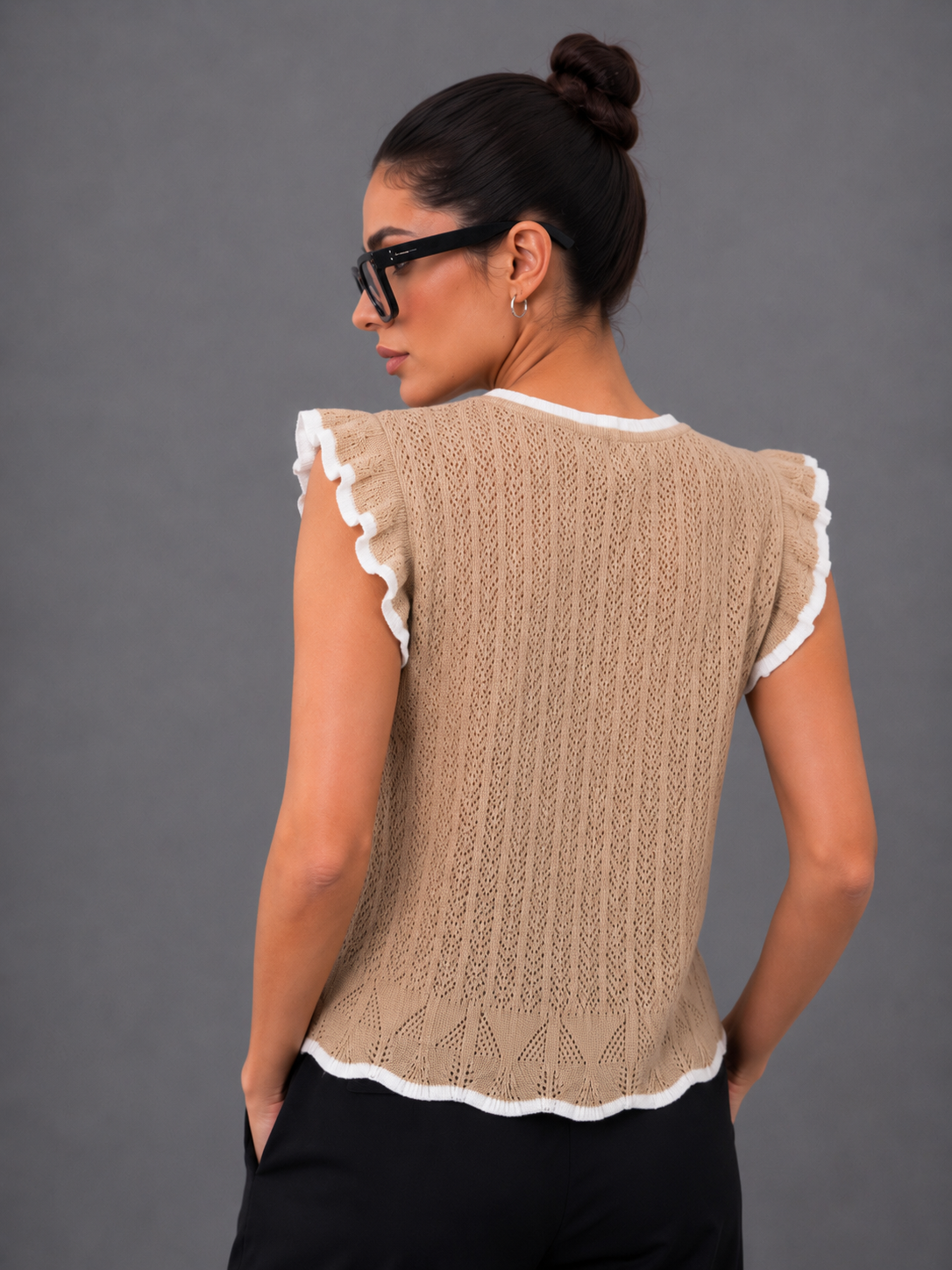 BEIGE POINTELLE SWEATER TOP