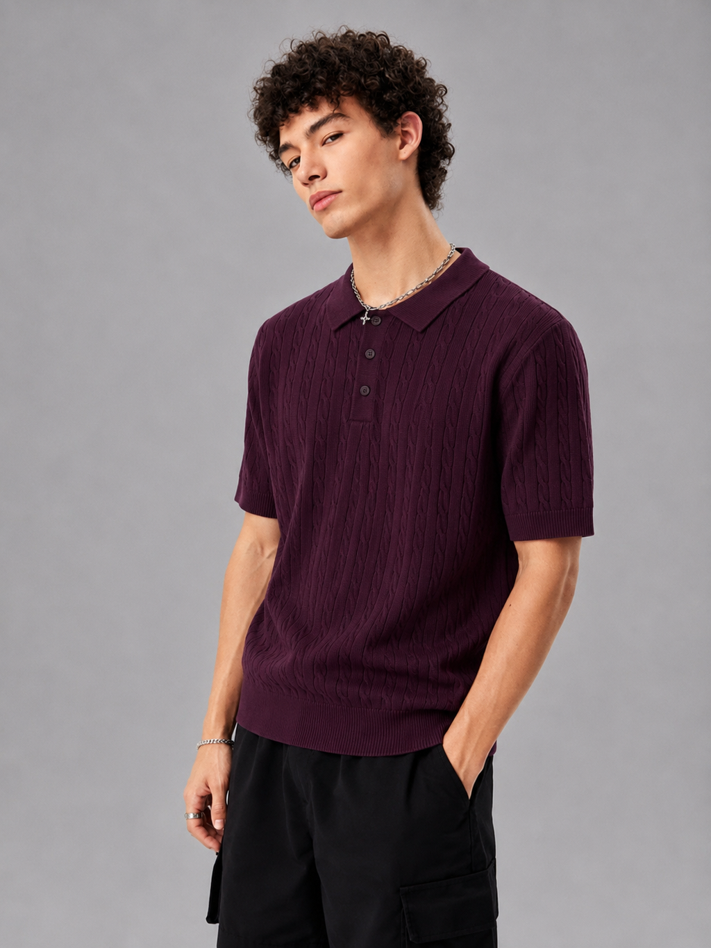 PLUM HERITAGE CABLE KNIT POLO