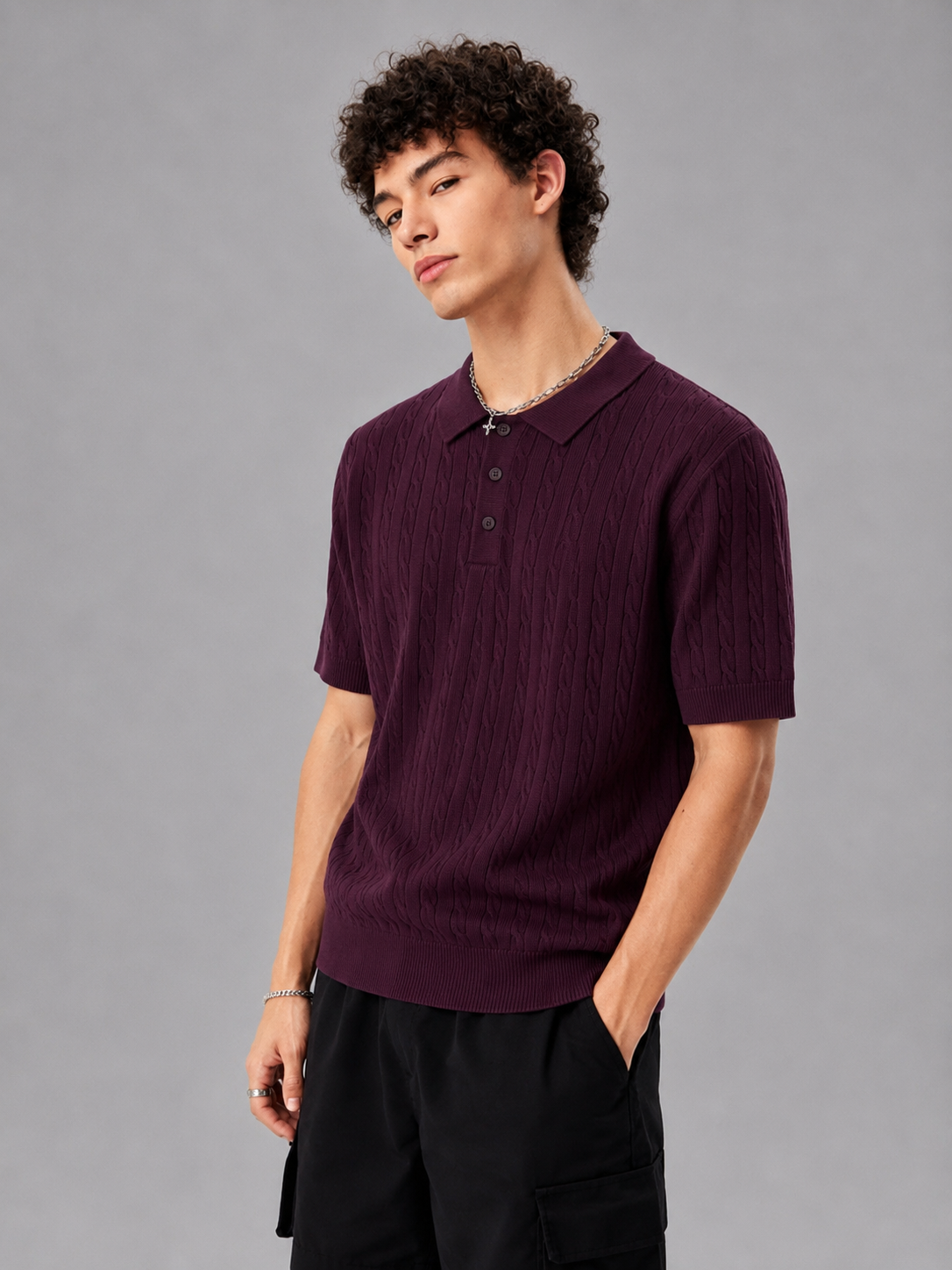 PLUM HERITAGE CABLE KNIT POLO