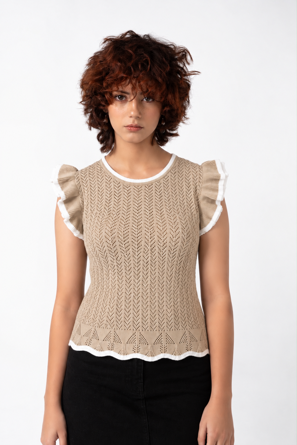 BEIGE POINTELLE SWEATER TOP