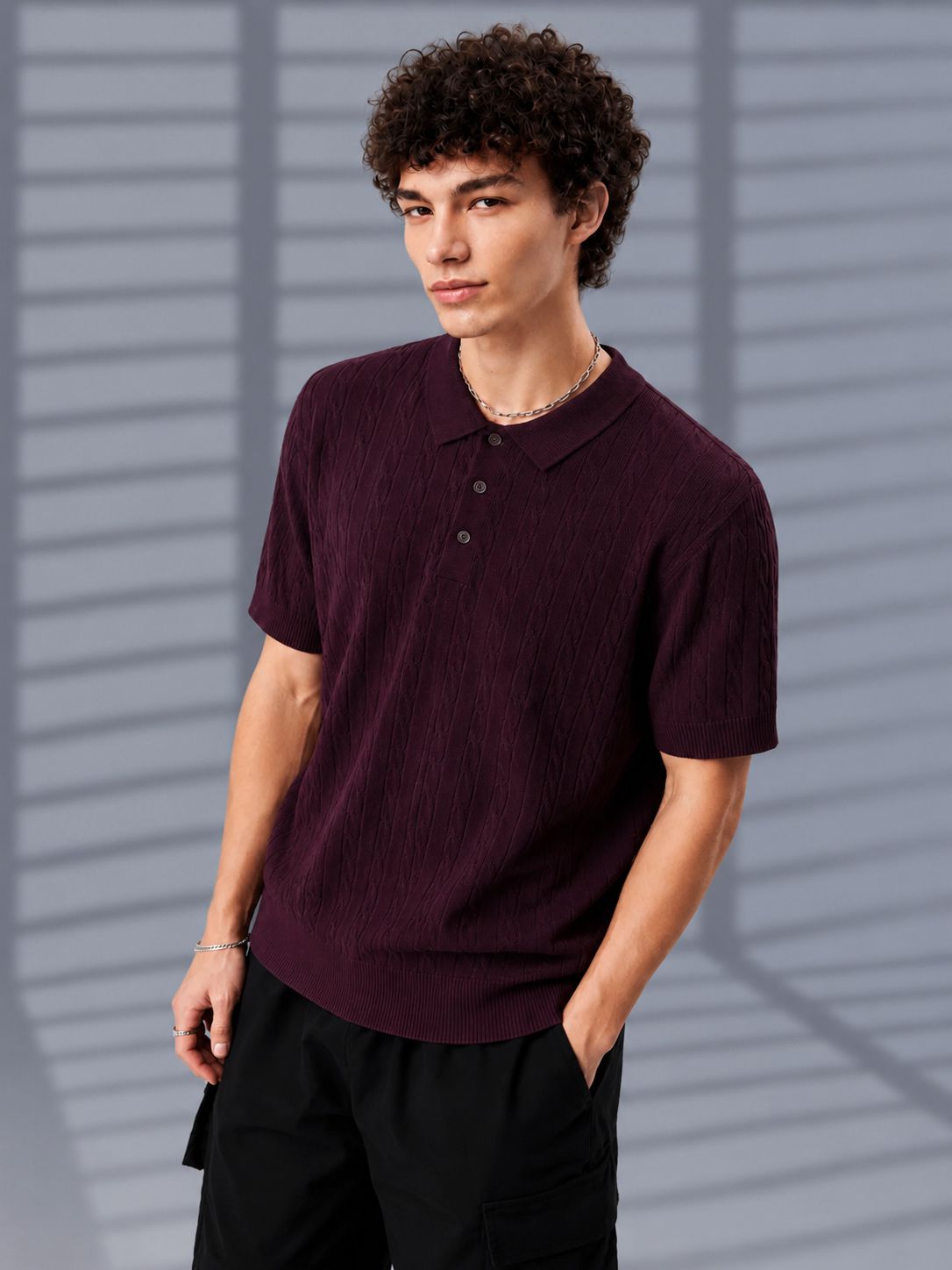 PLUM HERITAGE CABLE KNIT POLO
