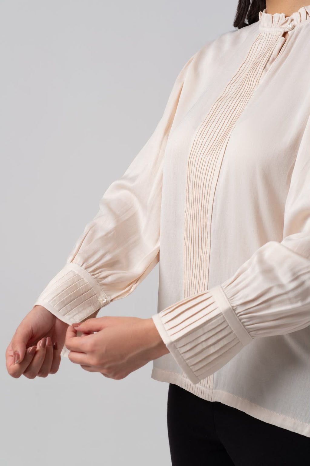 CREAM PLEATED COTTON SILK SHIRT
