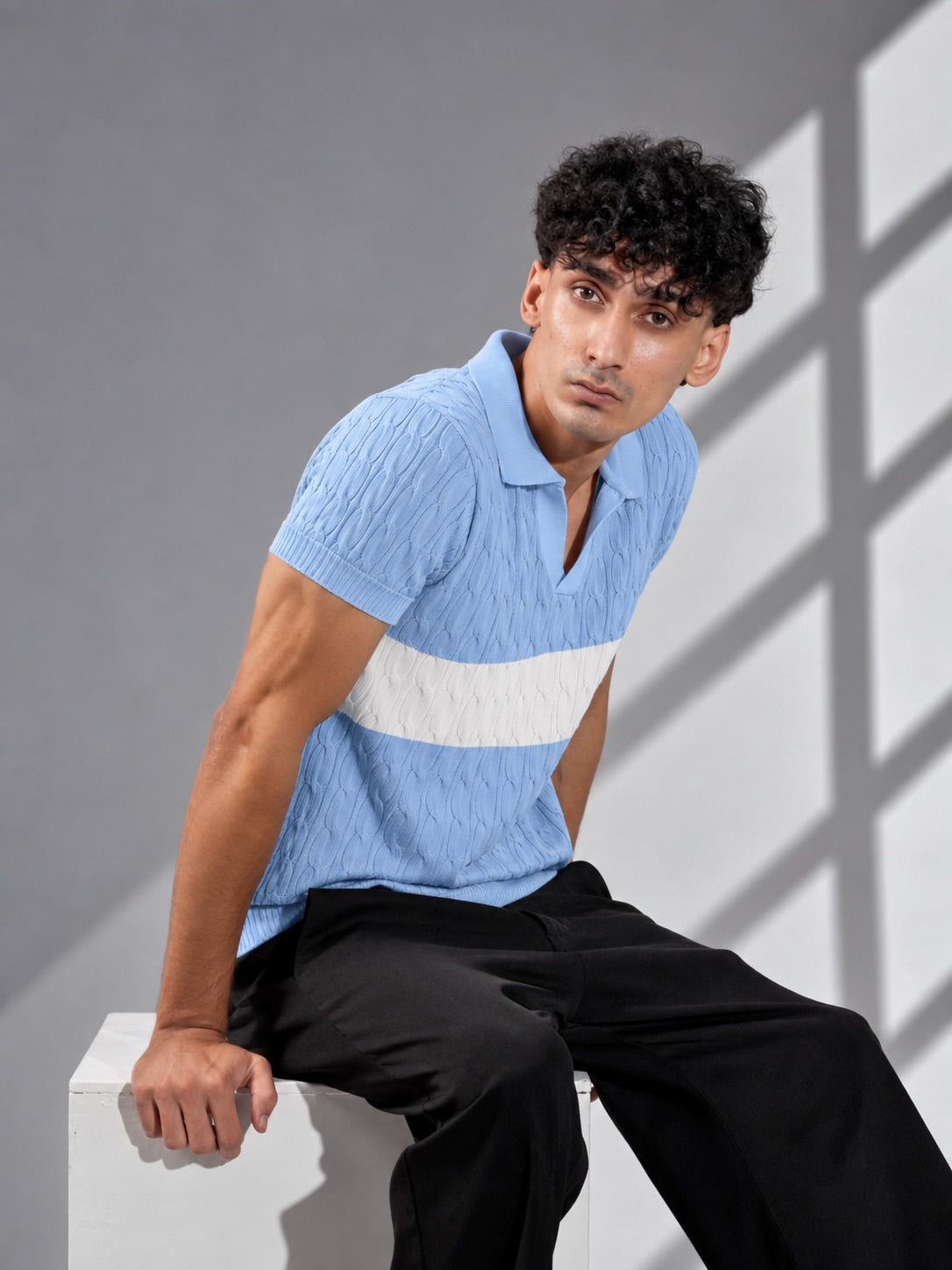 SKY WHITE CABLE KNIT POLO