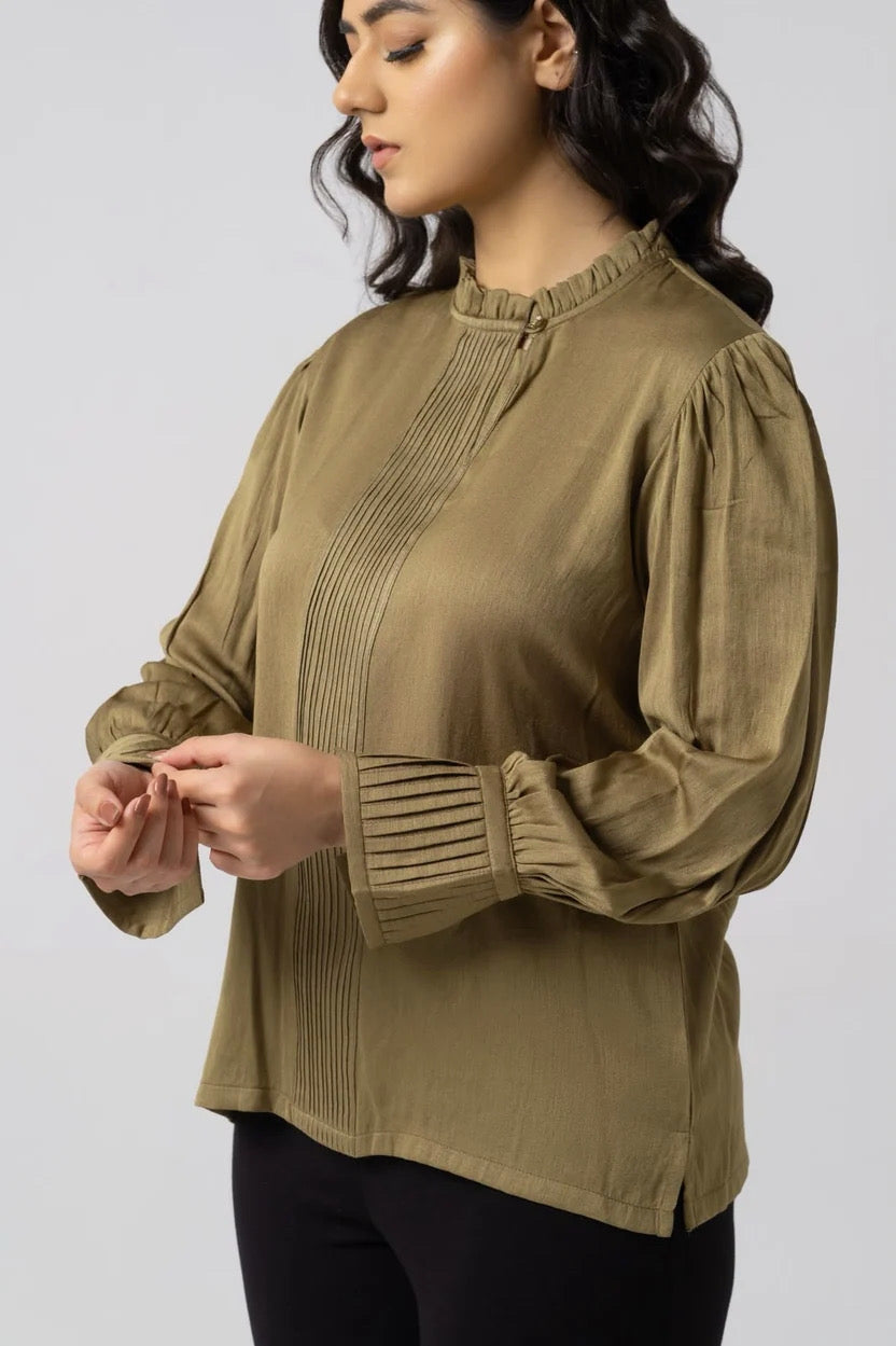 OLIVE PLEATED COTTON SILK SHIRT
