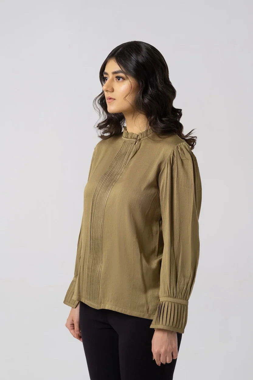OLIVE PLEATED COTTON SILK SHIRT