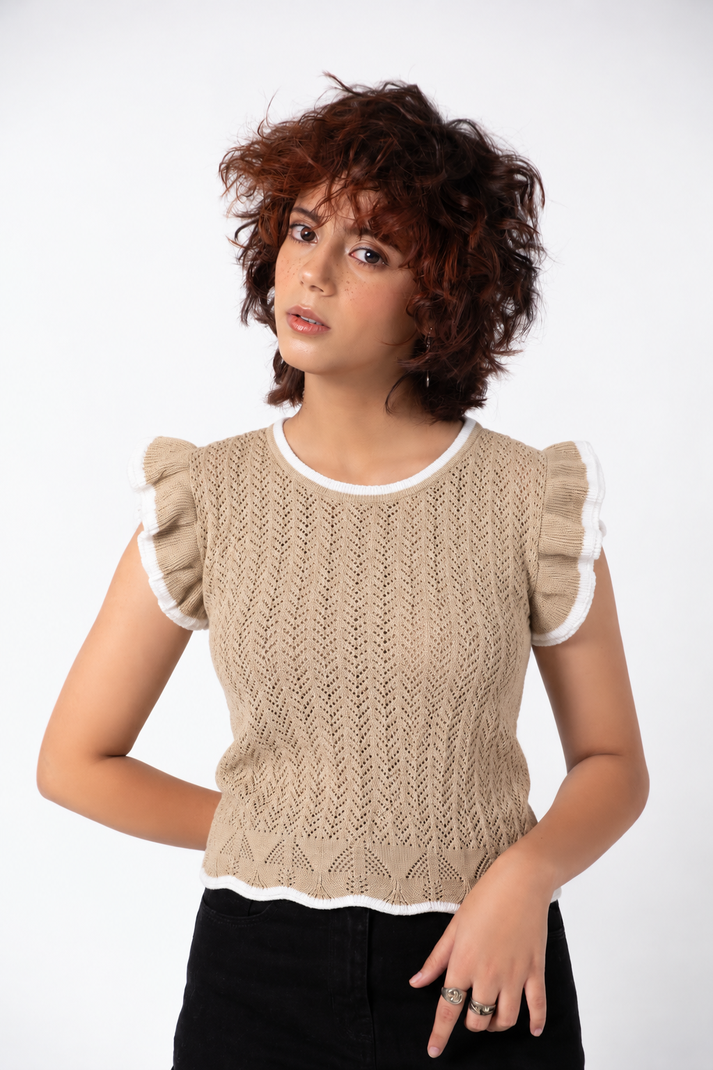 BEIGE POINTELLE SWEATER TOP