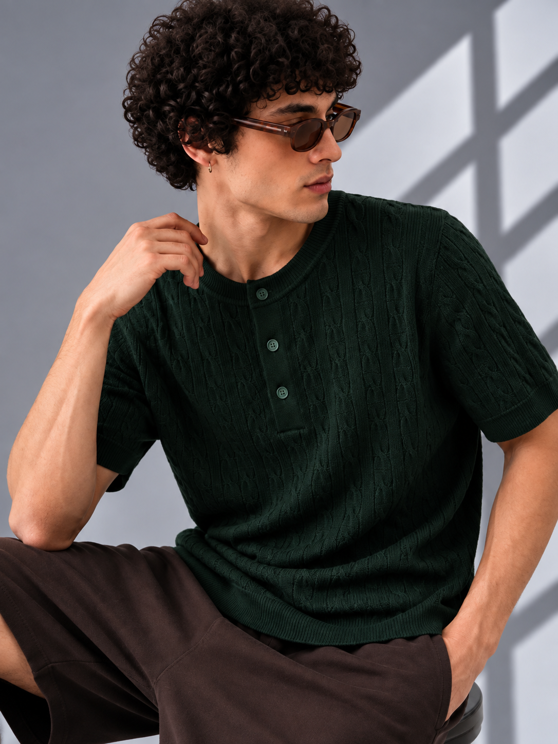 GREEN CABLE KNIT HENLEY