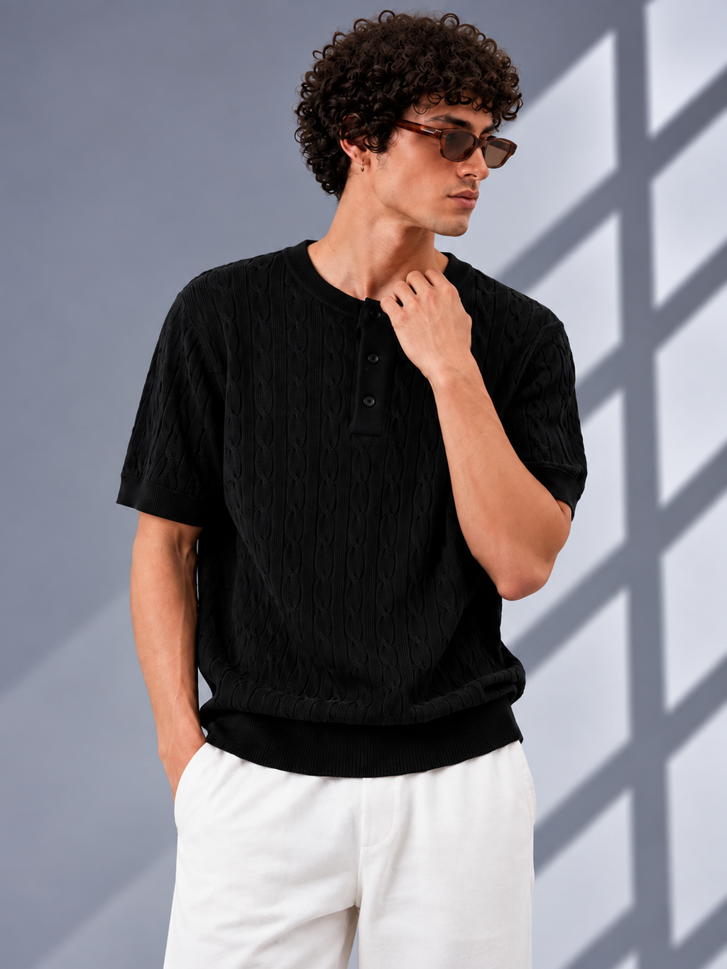 BLACK CABLE KNIT HENLEY