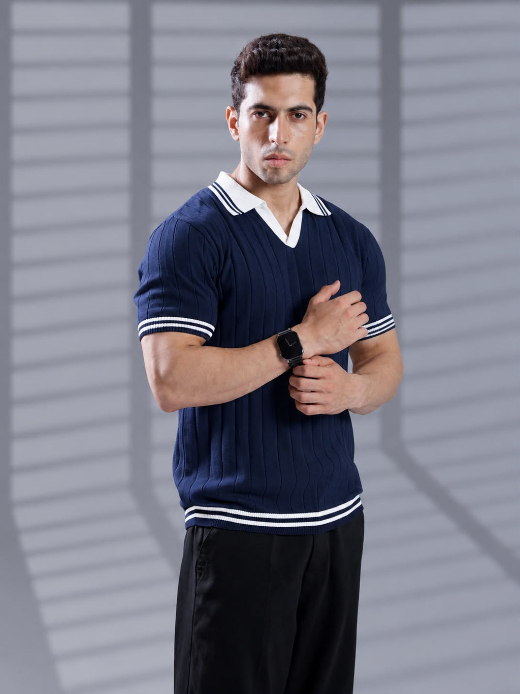 NAVY DROP NEEDLE KNIT POLO