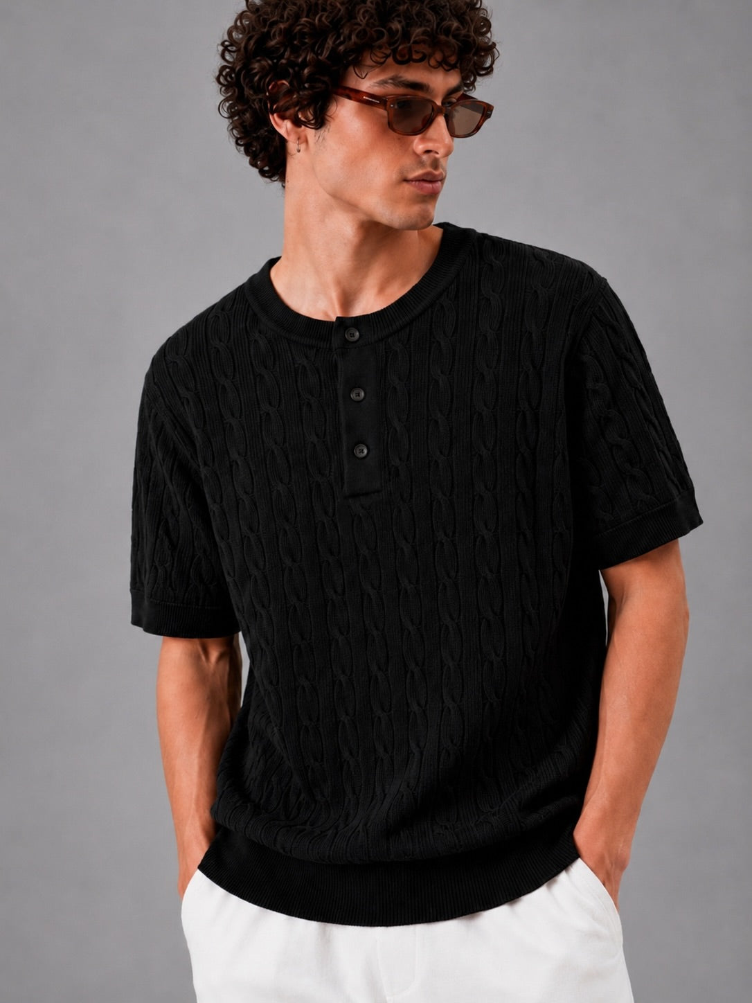 BLACK CABLE KNIT HENLEY