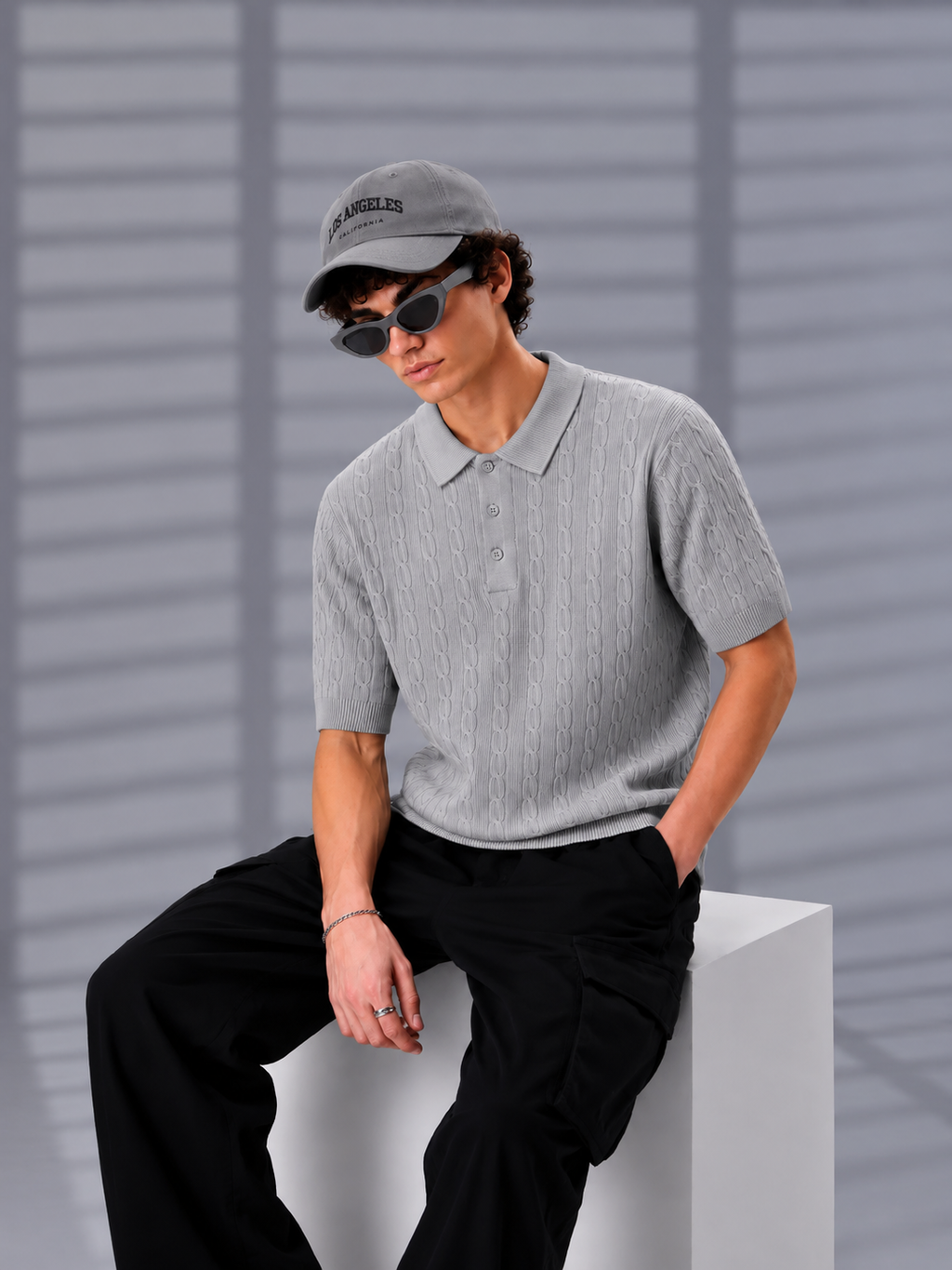 GREY HERITAGE CABLE KNIT POLO