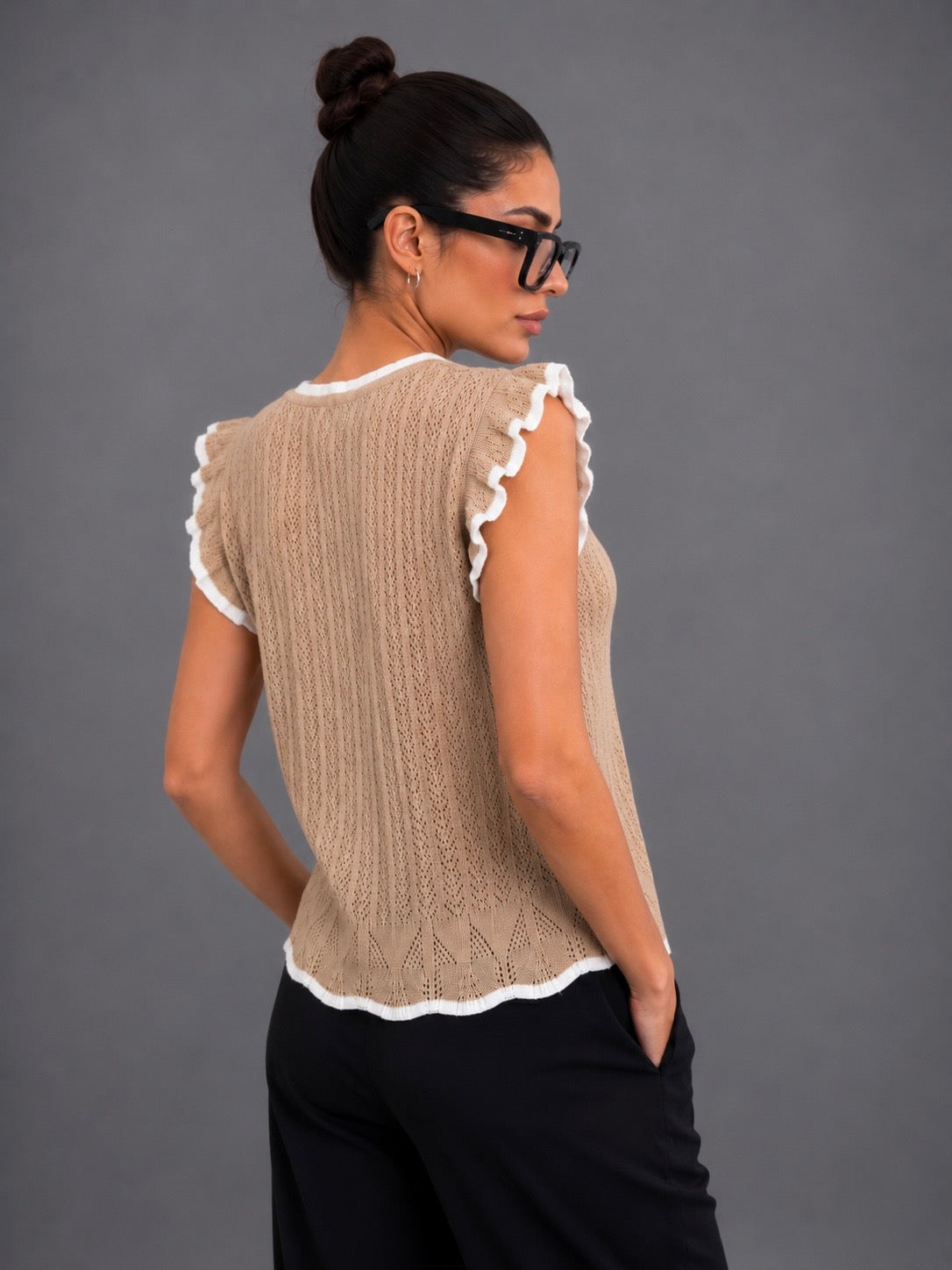 BEIGE POINTELLE SWEATER TOP