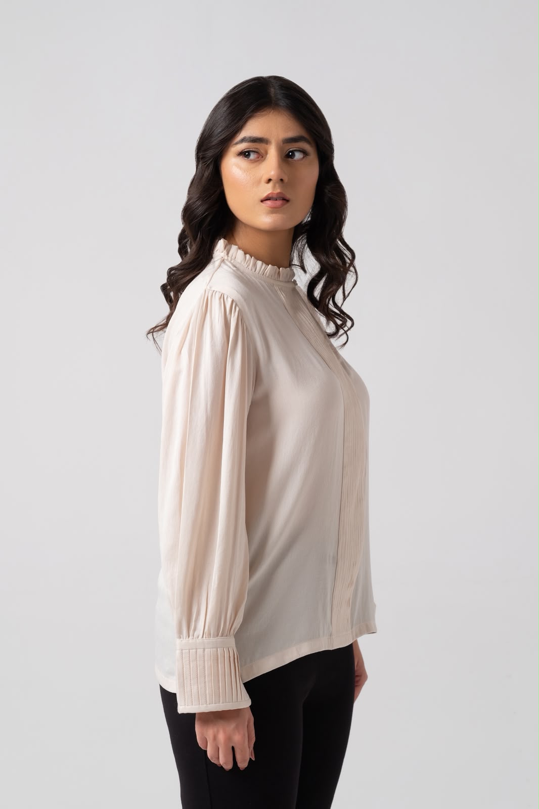 CREAM PLEATED COTTON SILK SHIRT
