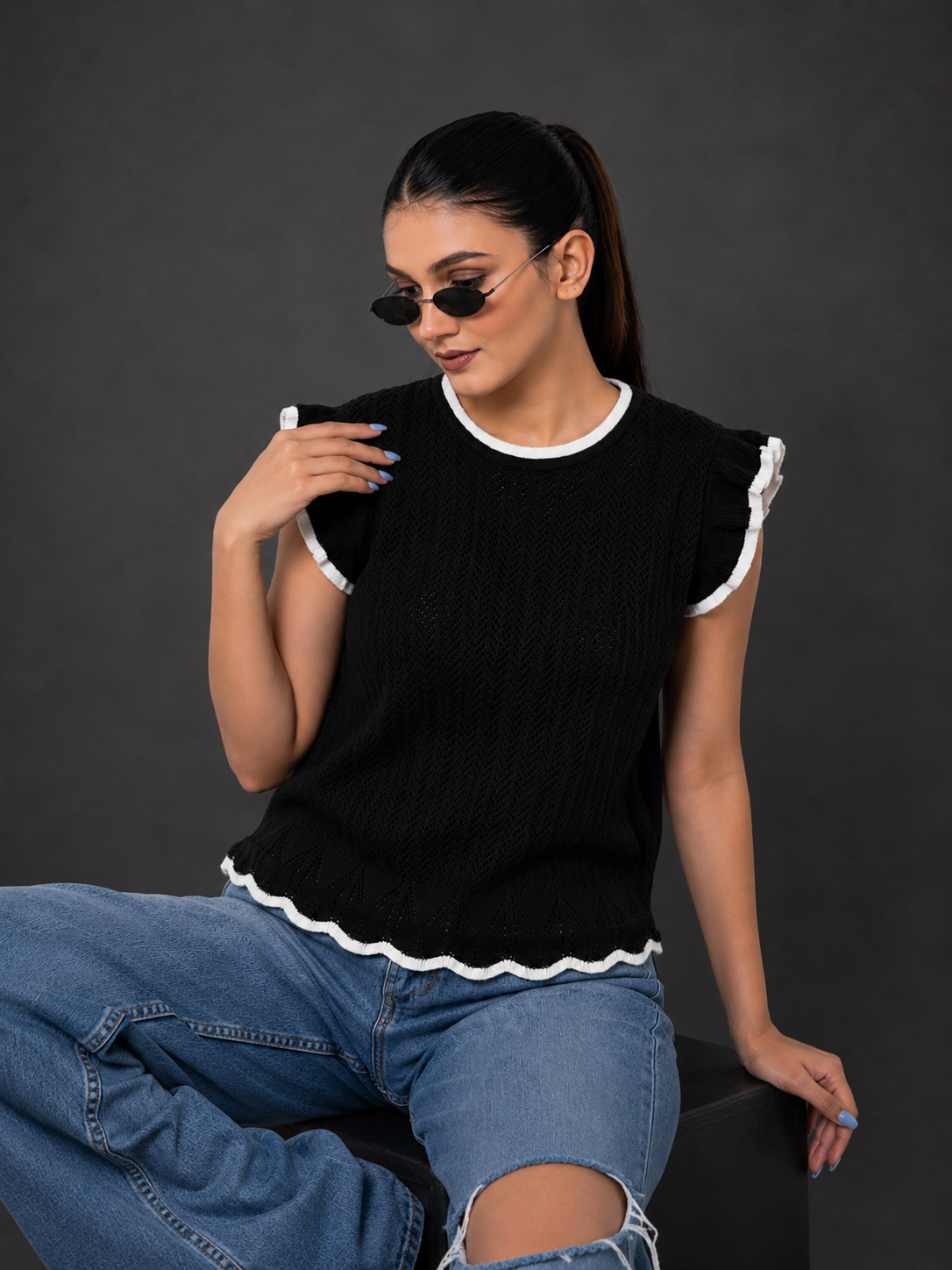 BLACK POINTELLE SWEATER TOP