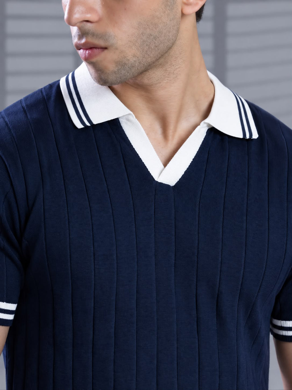 NAVY DROP NEEDLE KNIT POLO