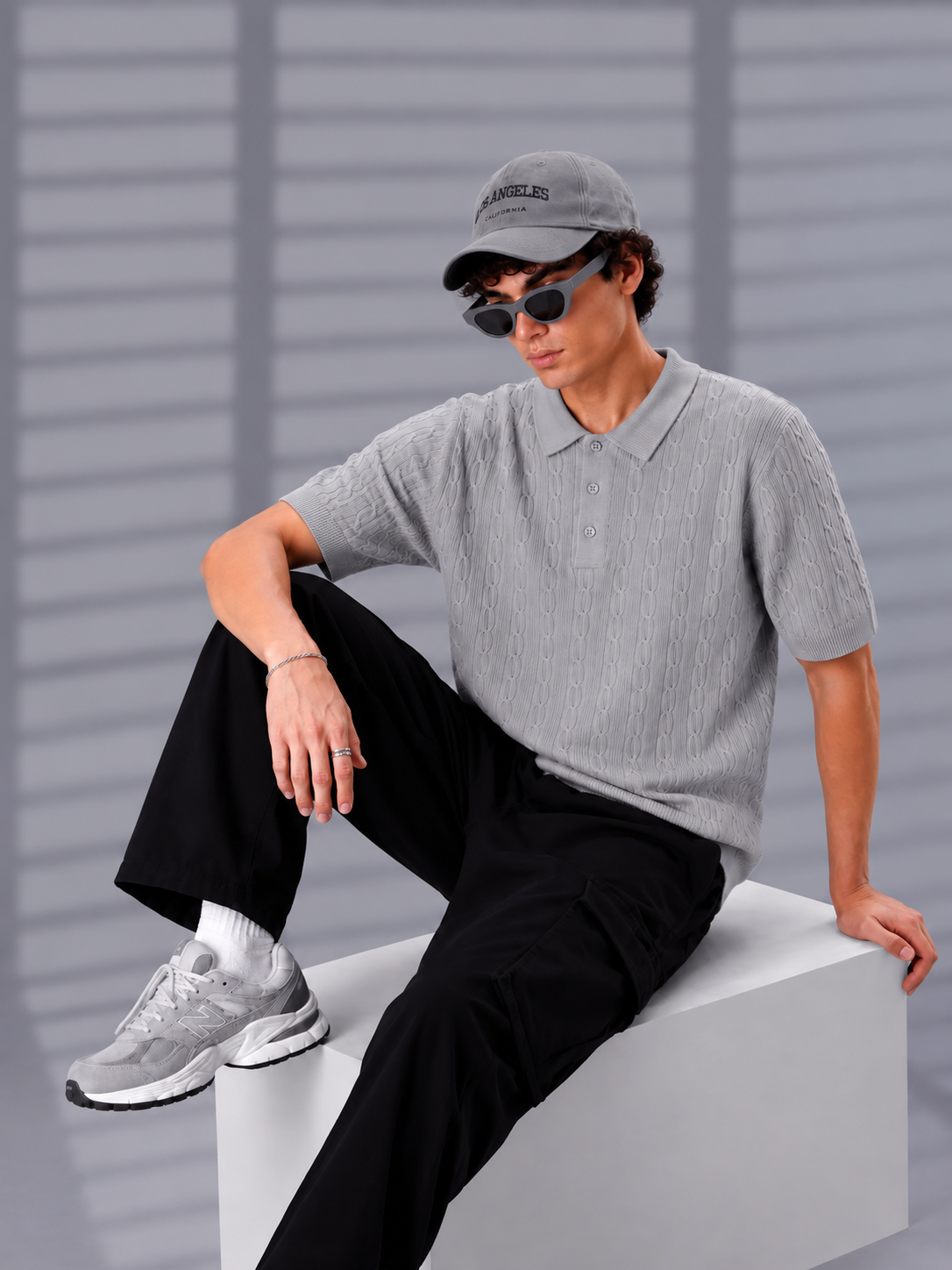 GREY HERITAGE CABLE KNIT POLO