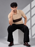 BEIGE BROWN CABLE KNIT POLO