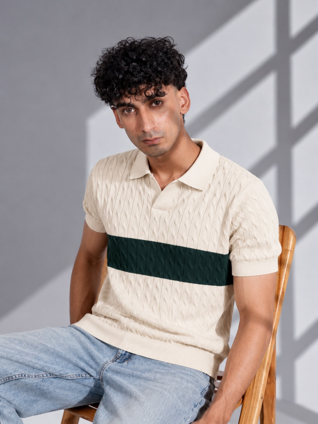 CREAM GREEN CABLE KNIT POLO