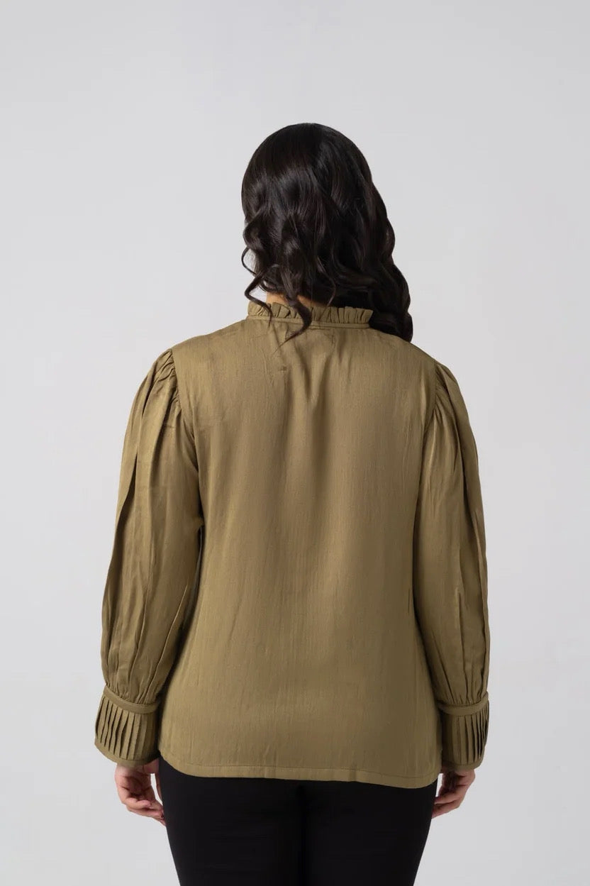 OLIVE PLEATED COTTON SILK SHIRT