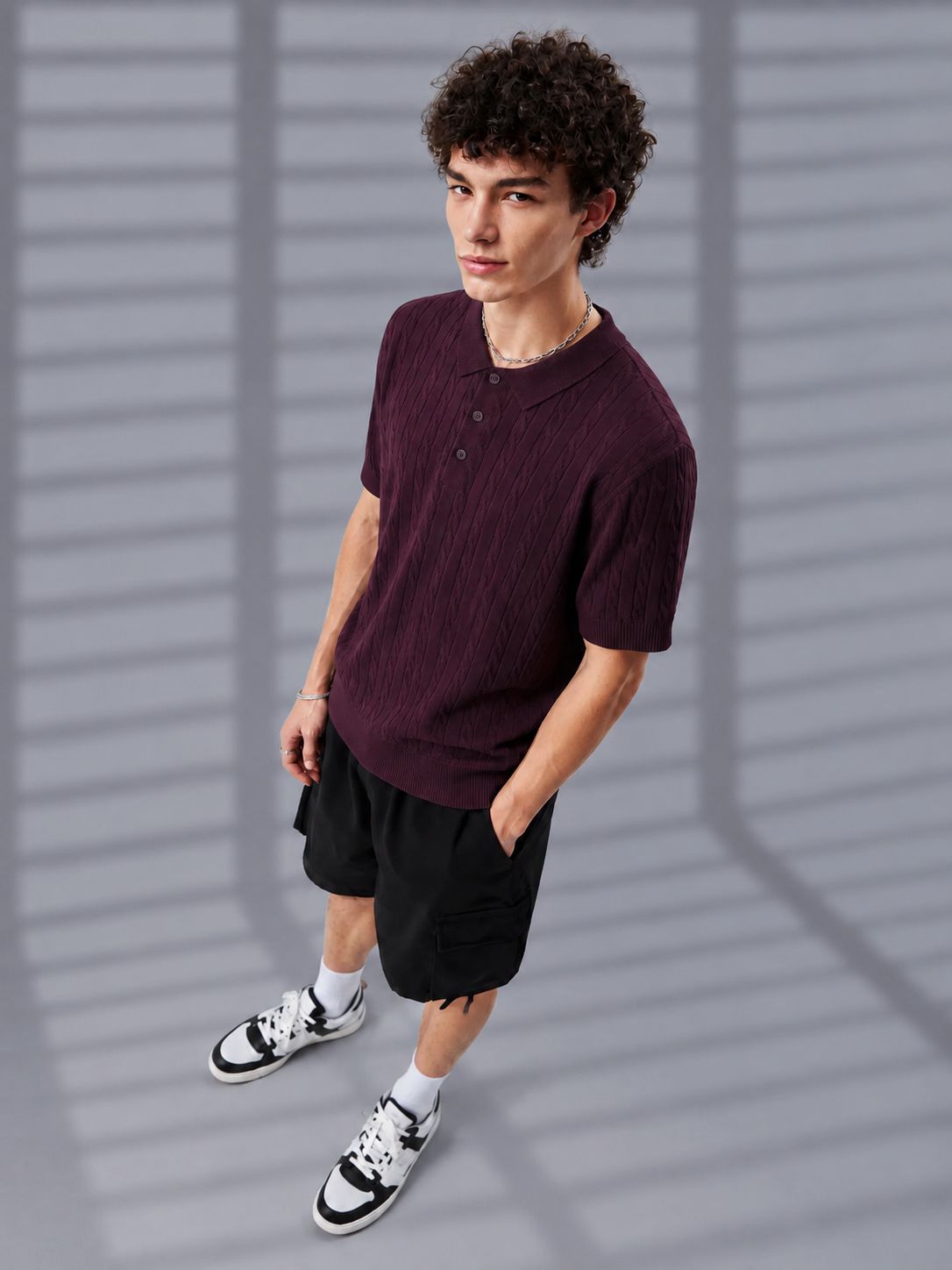 PLUM HERITAGE CABLE KNIT POLO