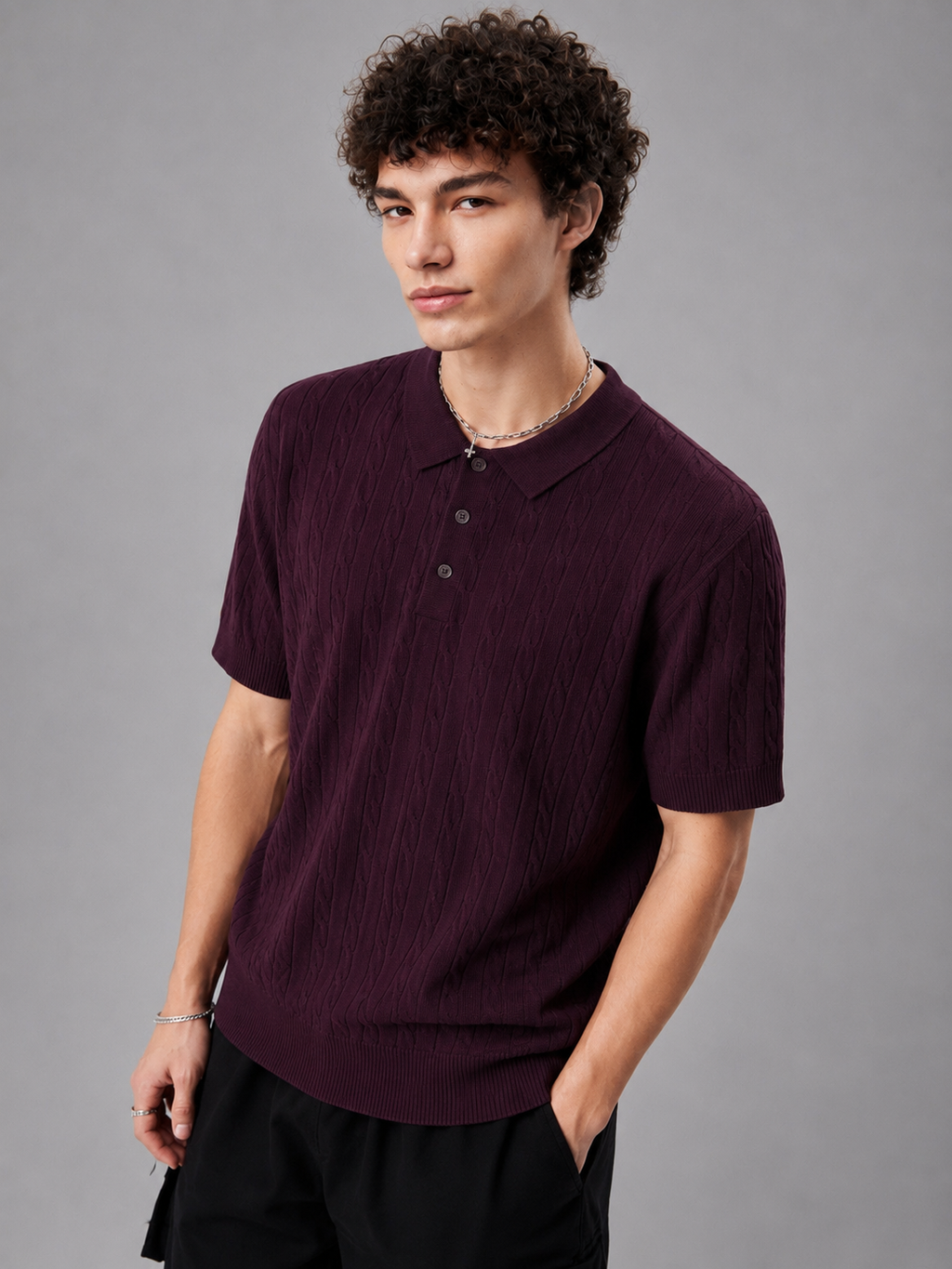 PLUM HERITAGE CABLE KNIT POLO