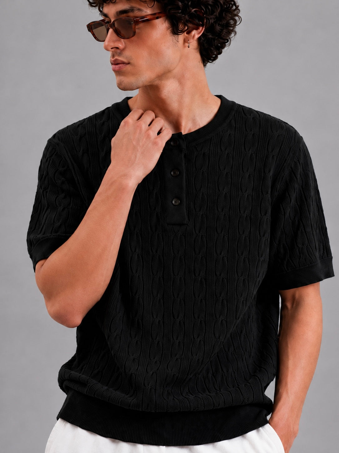 BLACK CABLE KNIT HENLEY