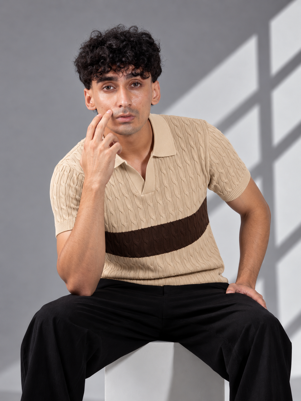 BEIGE BROWN CABLE KNIT POLO